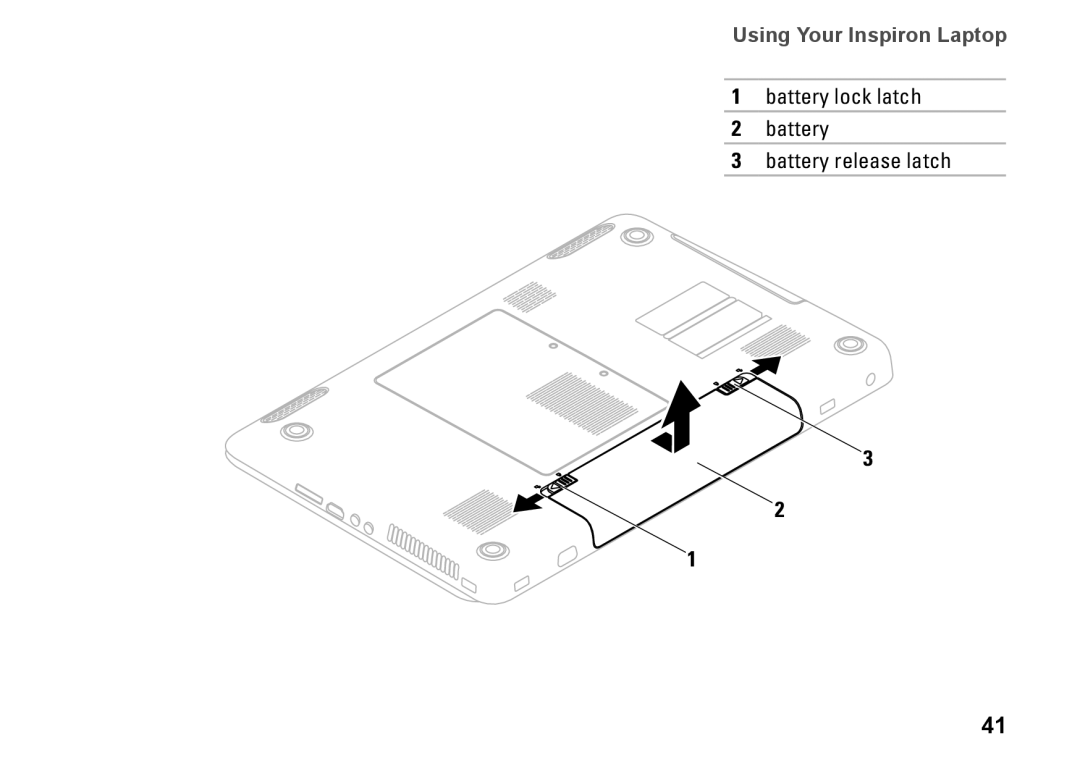 Dell P08E001, 7HR9P, N7010, P08E series setup guide Battery lock latch Battery release latch 