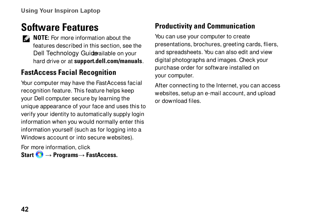 Dell 7HR9P Software Features, FastAccess Facial Recognition, Productivity and Communication, Start → Programs→ FastAccess 