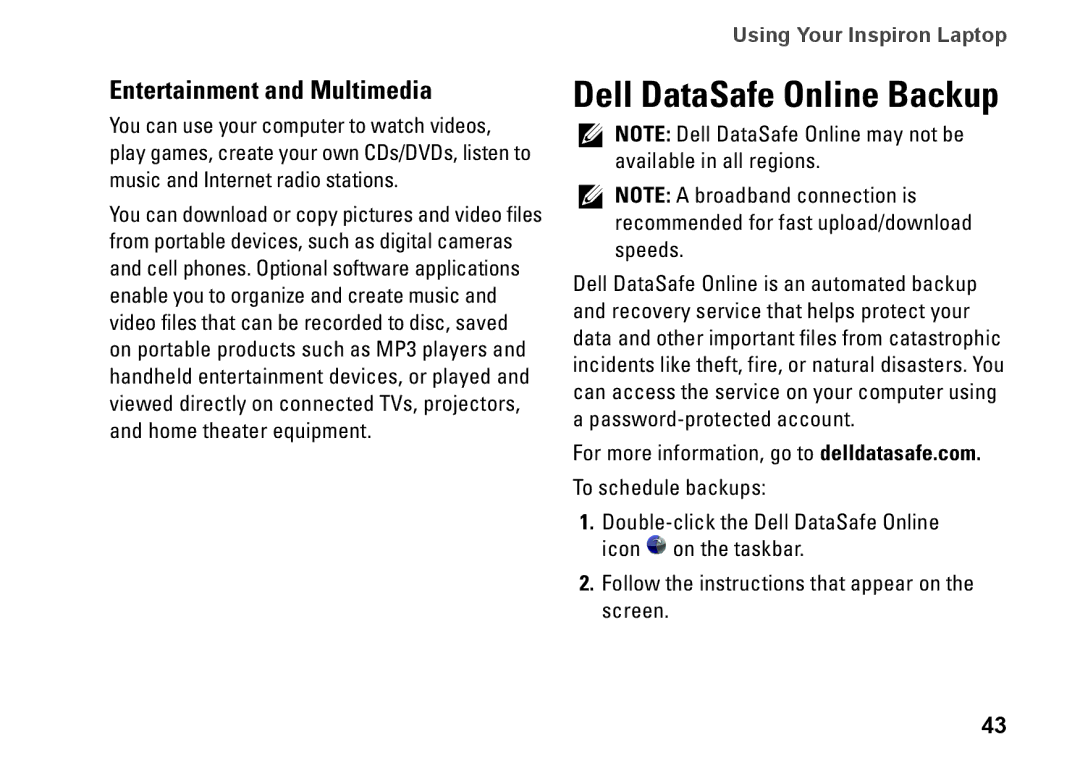 Dell N7010, 7HR9P, P08E series, P08E001 setup guide Dell DataSafe Online Backup, Entertainment and Multimedia 