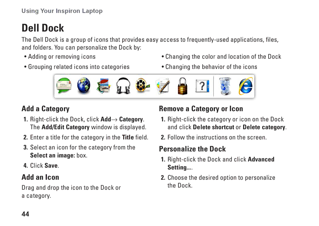 Dell P08E series, 7HR9P, N7010 Dell Dock, Add a Category, Add an Icon, Remove a Category or Icon, Personalize the Dock 