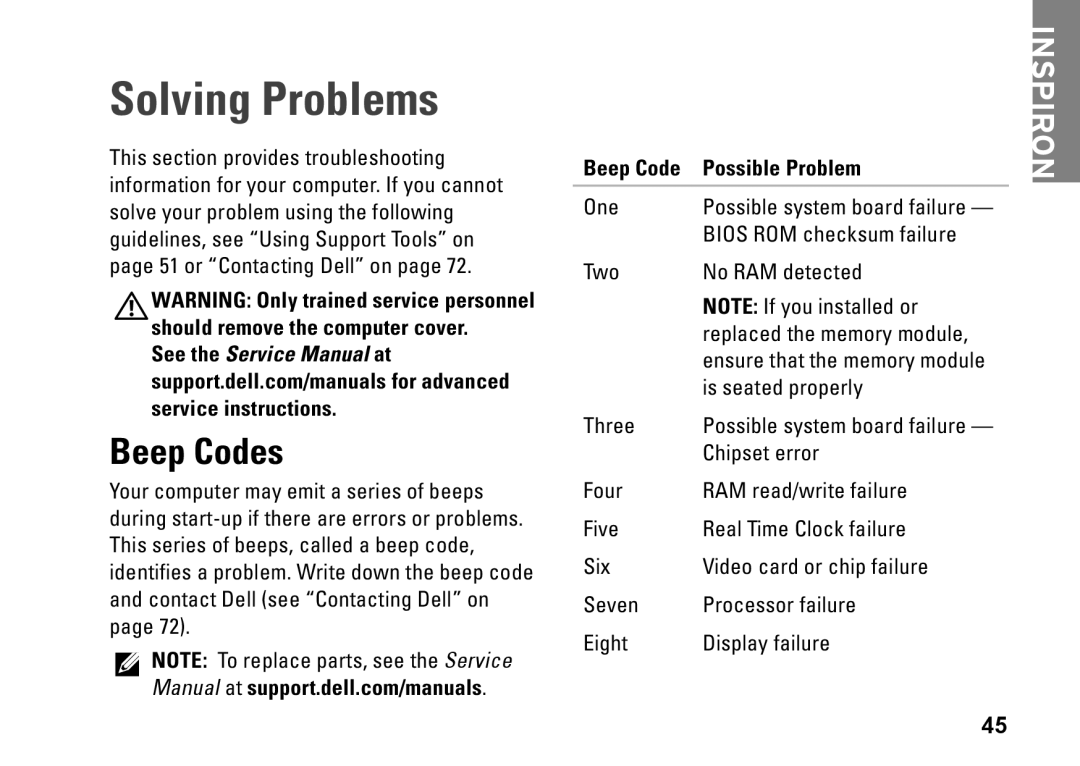 Dell P08E001, 7HR9P, N7010, P08E series setup guide Solving Problems, Beep Codes, Beep Code Possible Problem 