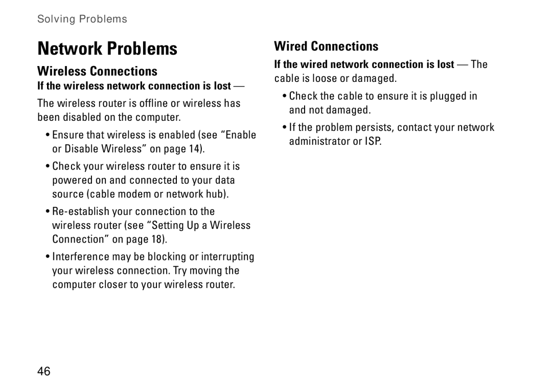 Dell 7HR9P, N7010, P08E series, P08E001 setup guide Network Problems, Wireless Connections, Wired Connections 