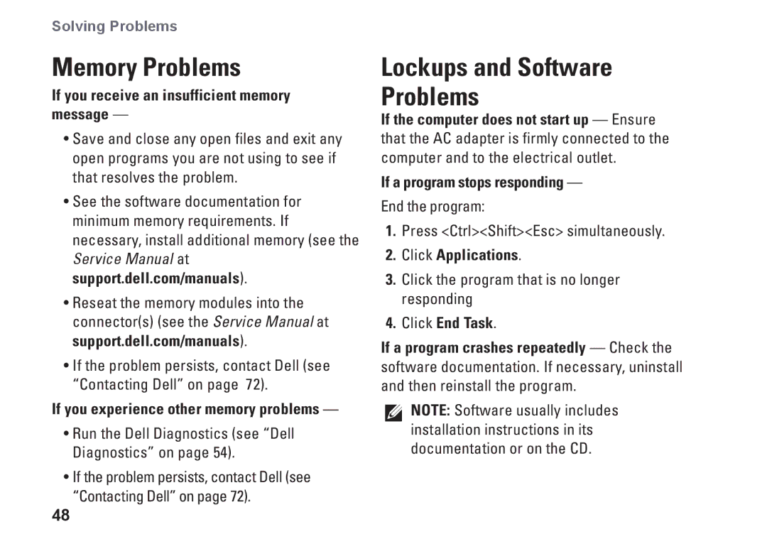 Dell P08E series, 7HR9P Memory Problems, If you receive an insufficient memory message, If a program stops responding 