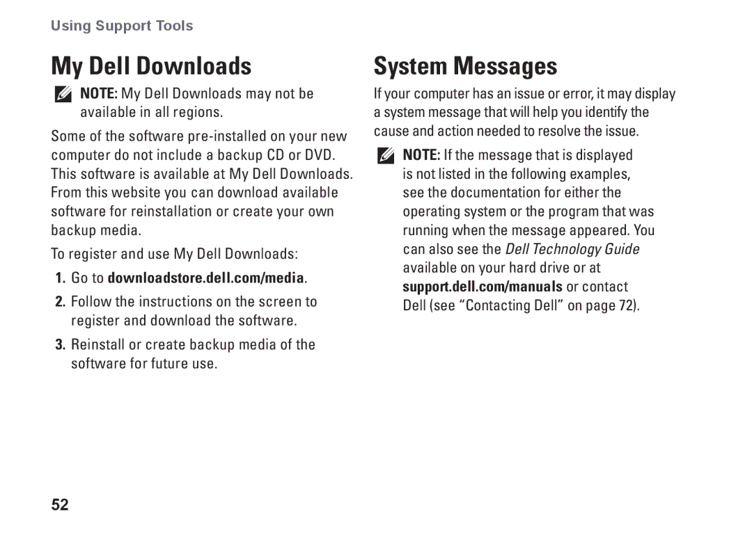 Dell P08E series, 7HR9P, N7010, P08E001 setup guide My Dell Downloads, System Messages 