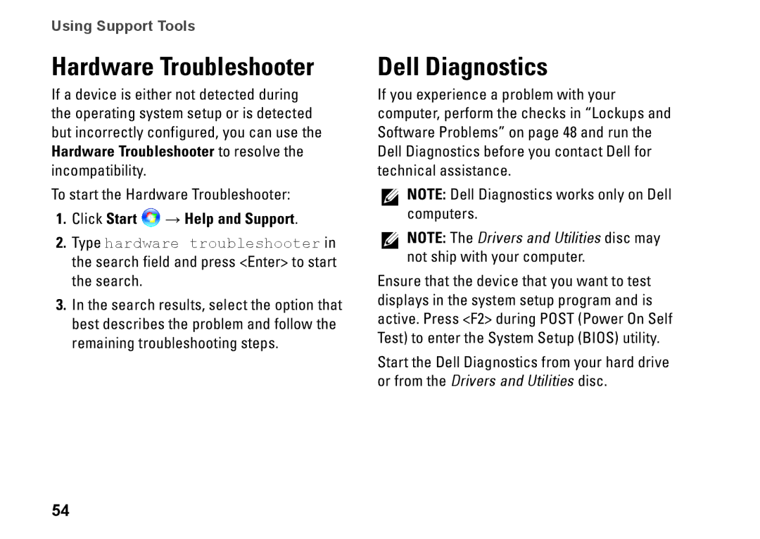 Dell 7HR9P, N7010, P08E series, P08E001 setup guide Hardware Troubleshooter, Dell Diagnostics, Click Start → Help and Support 