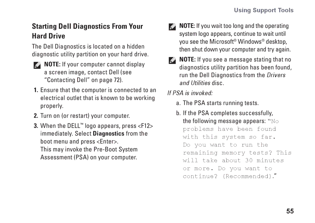 Dell N7010, 7HR9P, P08E series, P08E001 setup guide Starting Dell Diagnostics From Your Hard Drive, If PSA is invoked 