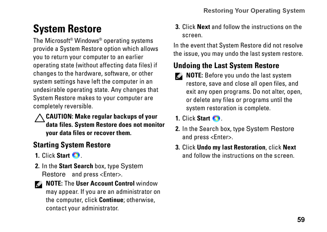 Dell N7010, 7HR9P, P08E series, P08E001 setup guide Starting System Restore, Undoing the Last System Restore 