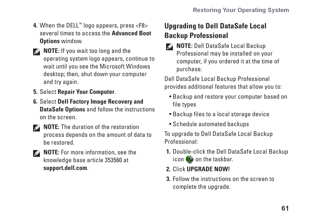 Dell P08E001, 7HR9P, N7010, P08E series setup guide Upgrading to Dell DataSafe Local Backup Professional, Click Upgrade Now 