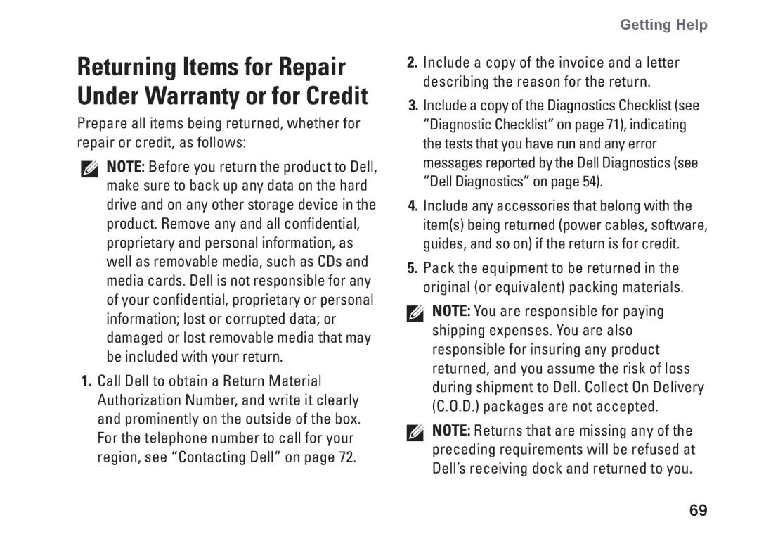 Dell P08E001, 7HR9P, N7010, P08E series setup guide Returning Items for Repair Under Warranty or for Credit 