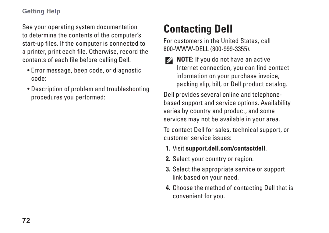 Dell P08E series, 7HR9P, N7010, P08E001 setup guide Contacting Dell, For customers in the United States, call 800-WWW-DELL 