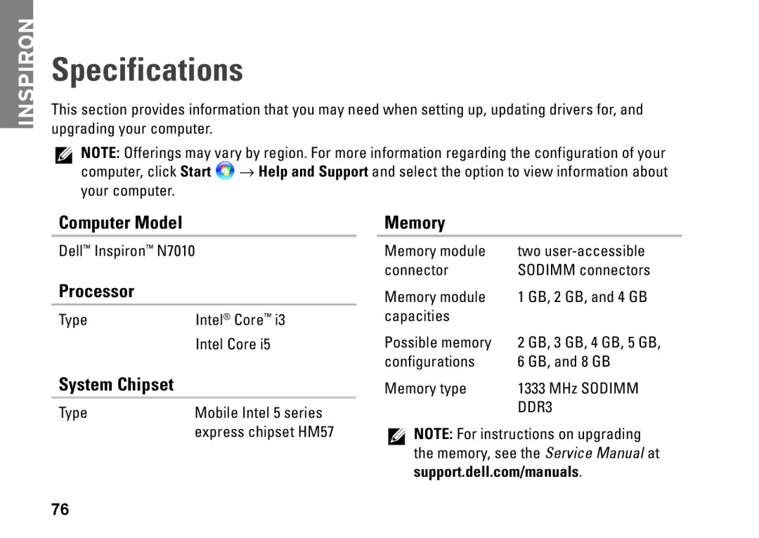 Dell P08E series, 7HR9P, N7010, P08E001 setup guide Specifications, Computer Model, Processor, System Chipset, Memory 