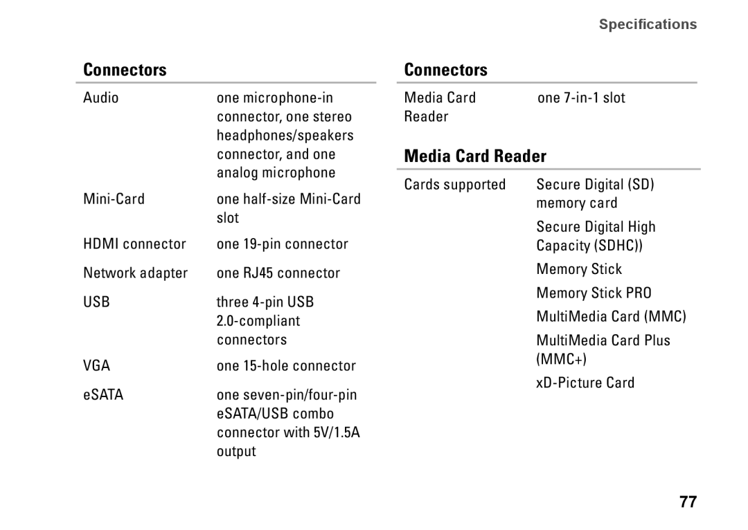 Dell P08E001, 7HR9P, N7010, P08E series setup guide Connectors, Media Card Reader 