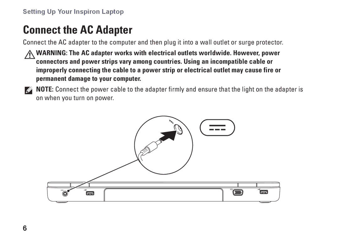 Dell 7HR9P, N7010, P08E series, P08E001 setup guide Connect the AC Adapter 