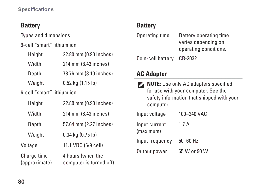 Dell P08E series, 7HR9P, N7010, P08E001 setup guide Battery, AC Adapter 