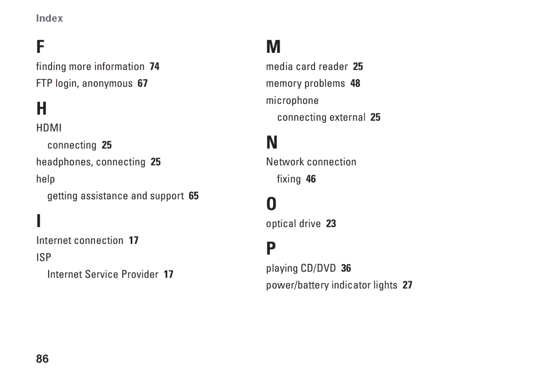 Dell 7HR9P, N7010, P08E series, P08E001 setup guide Index 