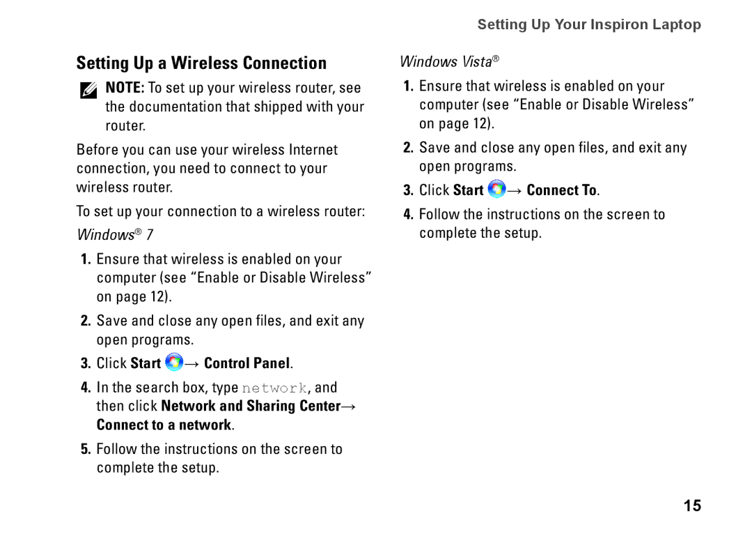 Dell M5030, 7RR4T, P07F002, P07F003 Setting Up a Wireless Connection, Click Start → Control Panel, Click Start → Connect To 