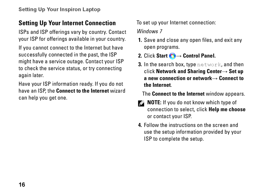 Dell 7RR4T, P07F002, P07F series, P07F003, M5030 Setting Up Your Internet Connection, Connect to the Internet window appears 