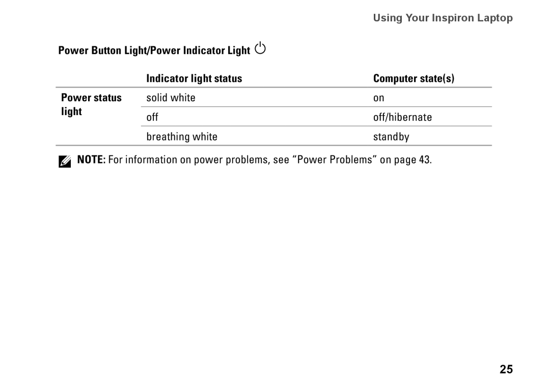 Dell P07F003, 7RR4T, P07F002, P07F series, P07F001, M5030 setup guide Indicator light status Computer states Power status, Light 