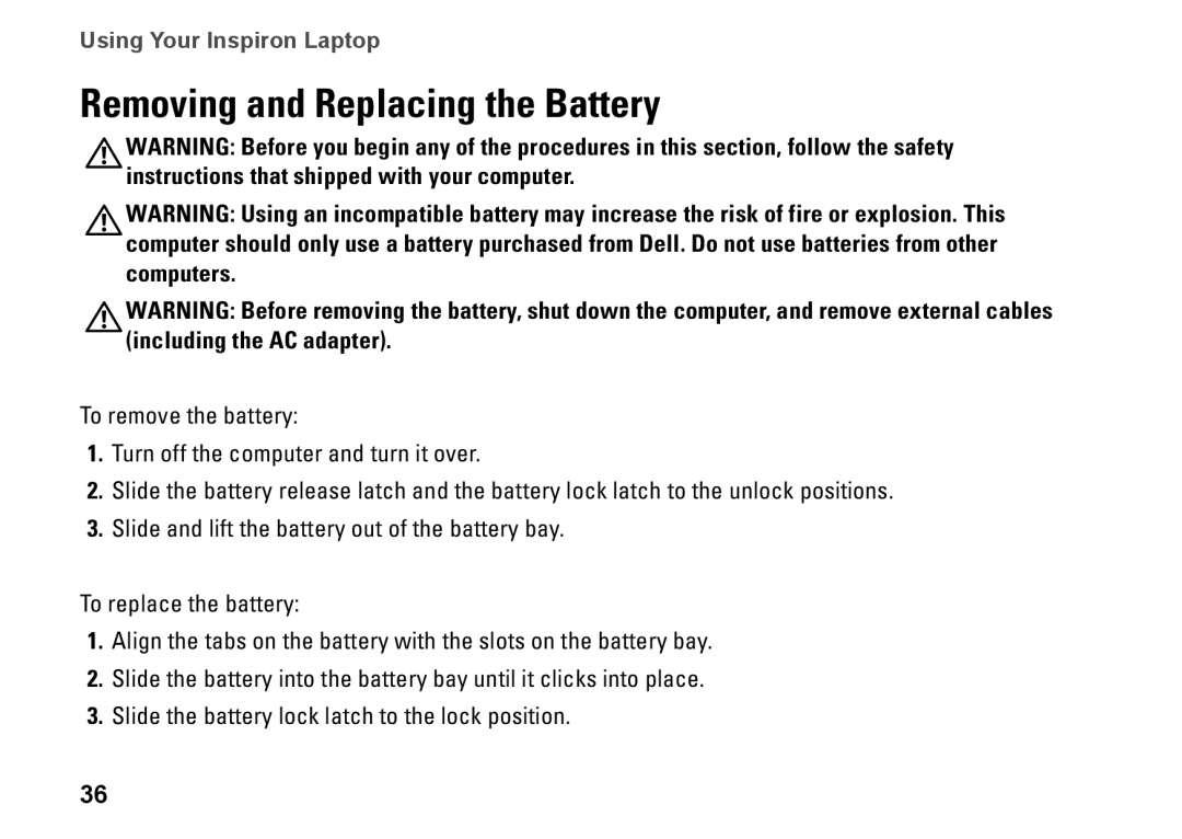 Dell P07F series, 7RR4T, P07F002, P07F003, P07F001, M5030 setup guide Removing and Replacing the Battery 