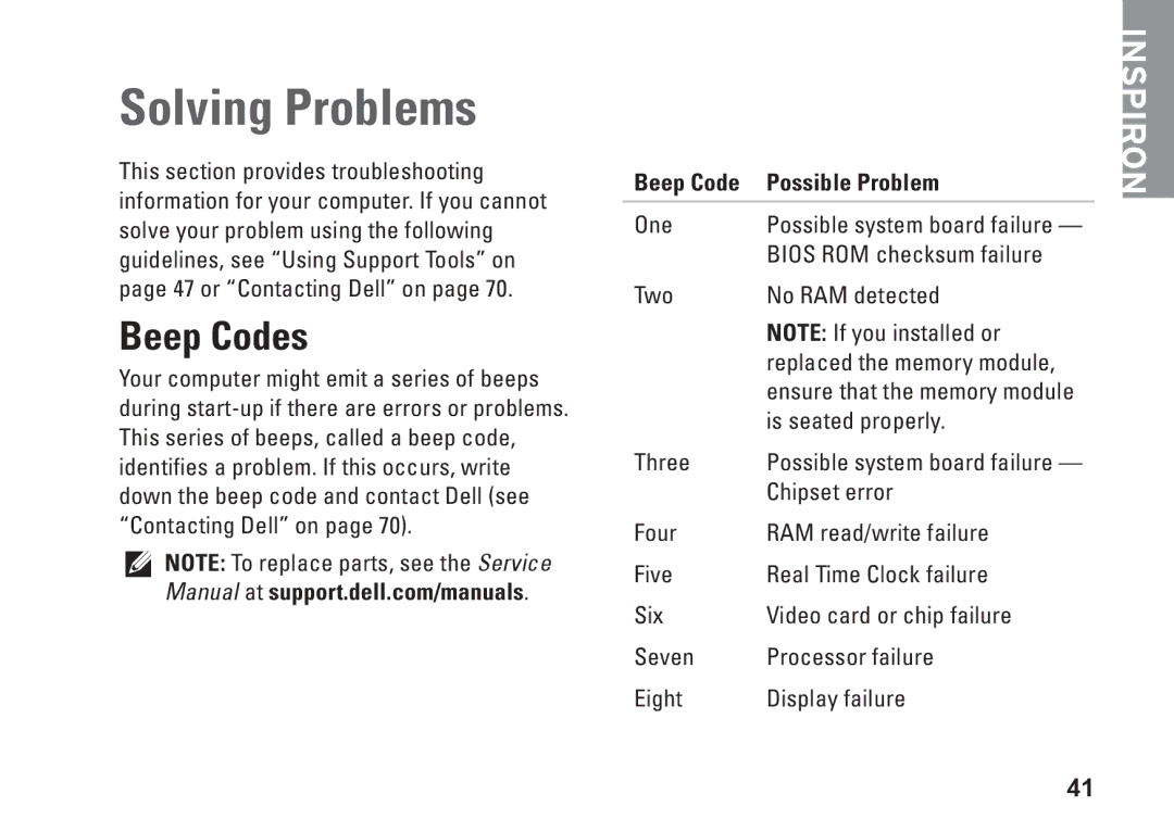 Dell P07F002, 7RR4T, P07F series, P07F003, P07F001, M5030 setup guide Solving Problems, Beep Codes, Beep Code Possible Problem 