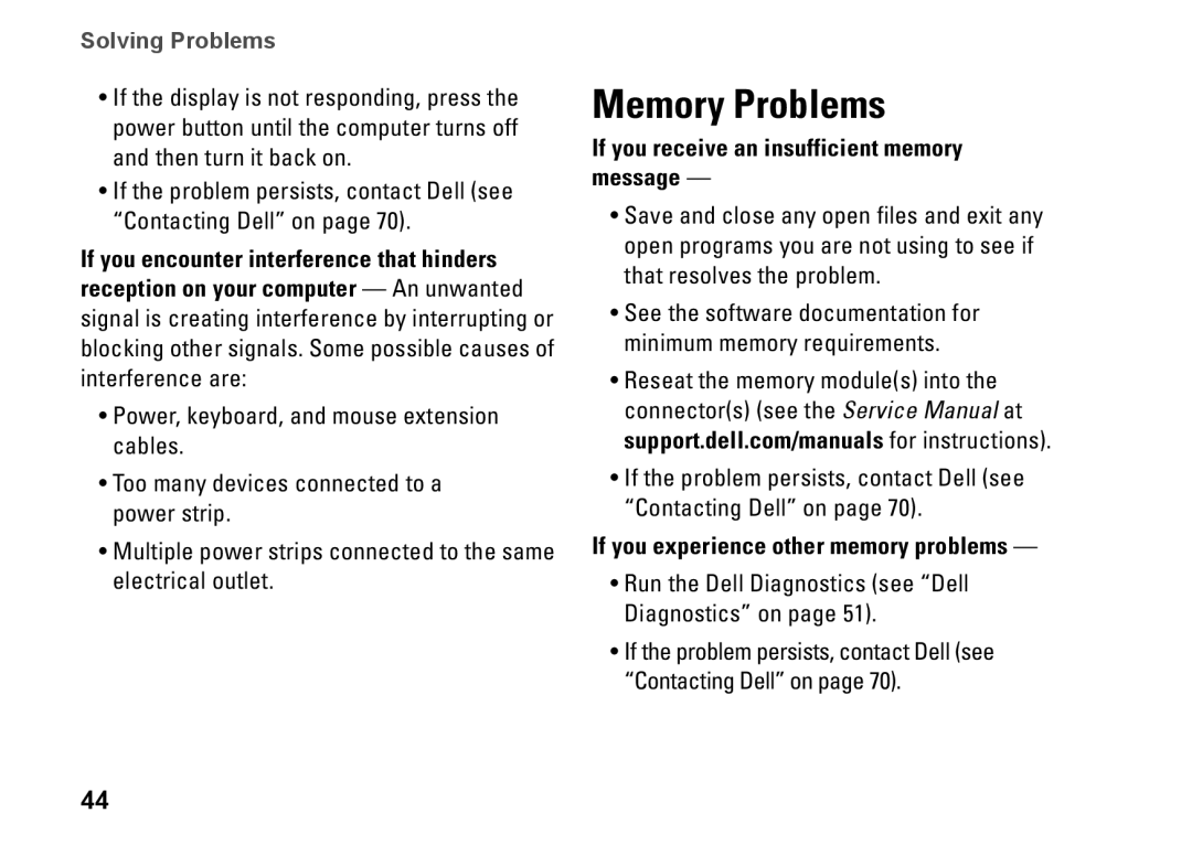 Dell P07F001 Memory Problems, If you receive an insufficient memory message, If you experience other memory problems 