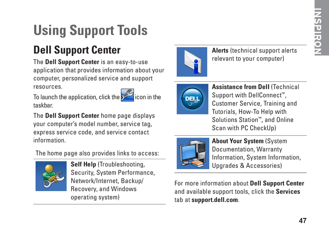 Dell P07F002, 7RR4T Using Support Tools, Dell Support Center, Assistance from Dell Technical, About Your System System 