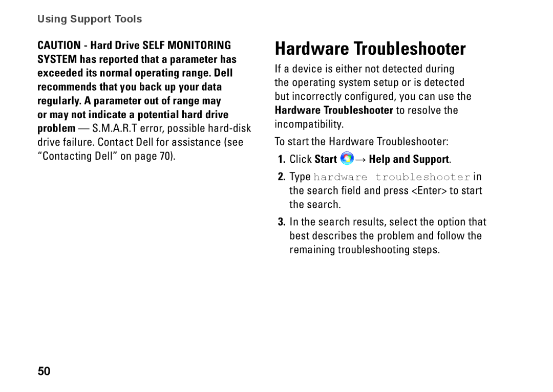 Dell P07F001, 7RR4T, P07F002, P07F series, P07F003, M5030 setup guide Hardware Troubleshooter, Click Start → Help and Support 