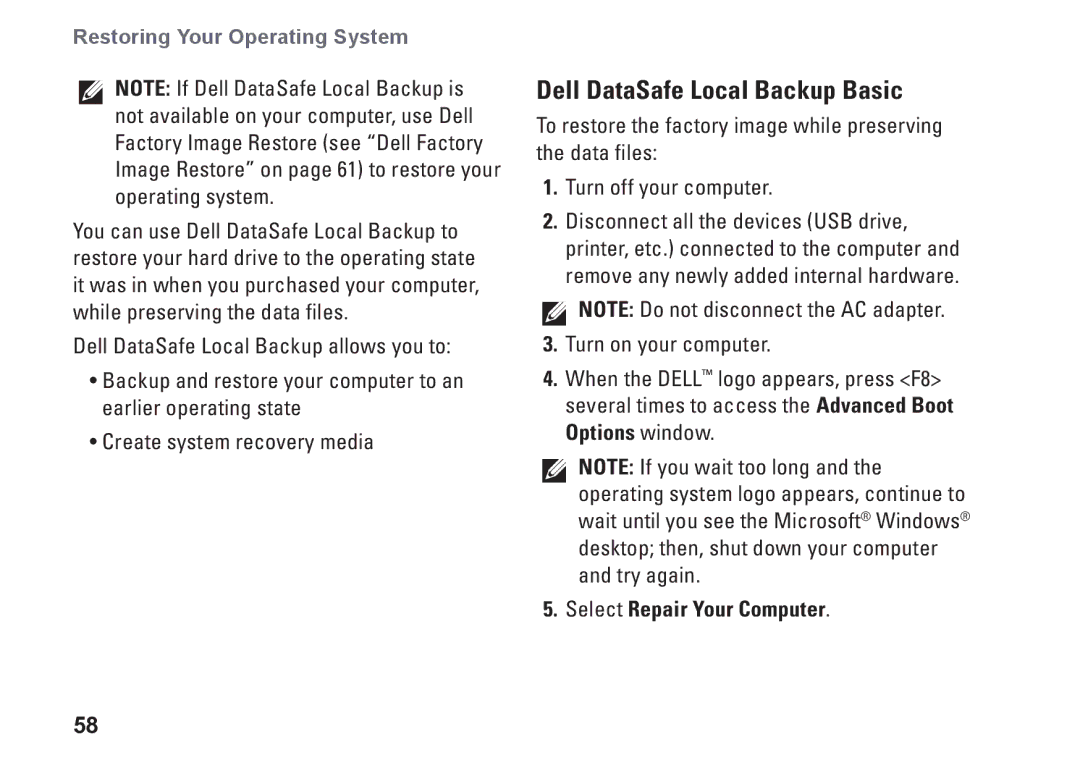 Dell 7RR4T, P07F002, P07F series, P07F003, P07F001, M5030 Dell DataSafe Local Backup Basic, Select Repair Your Computer 