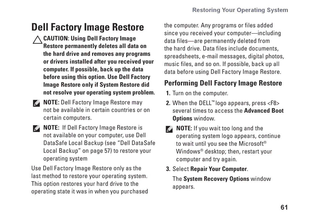 Dell P07F003, 7RR4T, P07F002, P07F series, P07F001, M5030 setup guide Performing Dell Factory Image Restore 