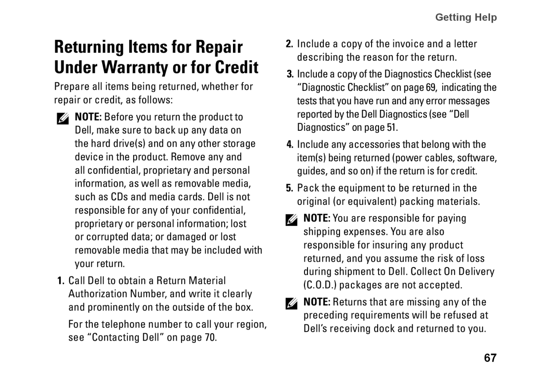 Dell P07F003, 7RR4T, P07F002, P07F series, P07F001, M5030 setup guide Returning Items for Repair Under Warranty or for Credit 