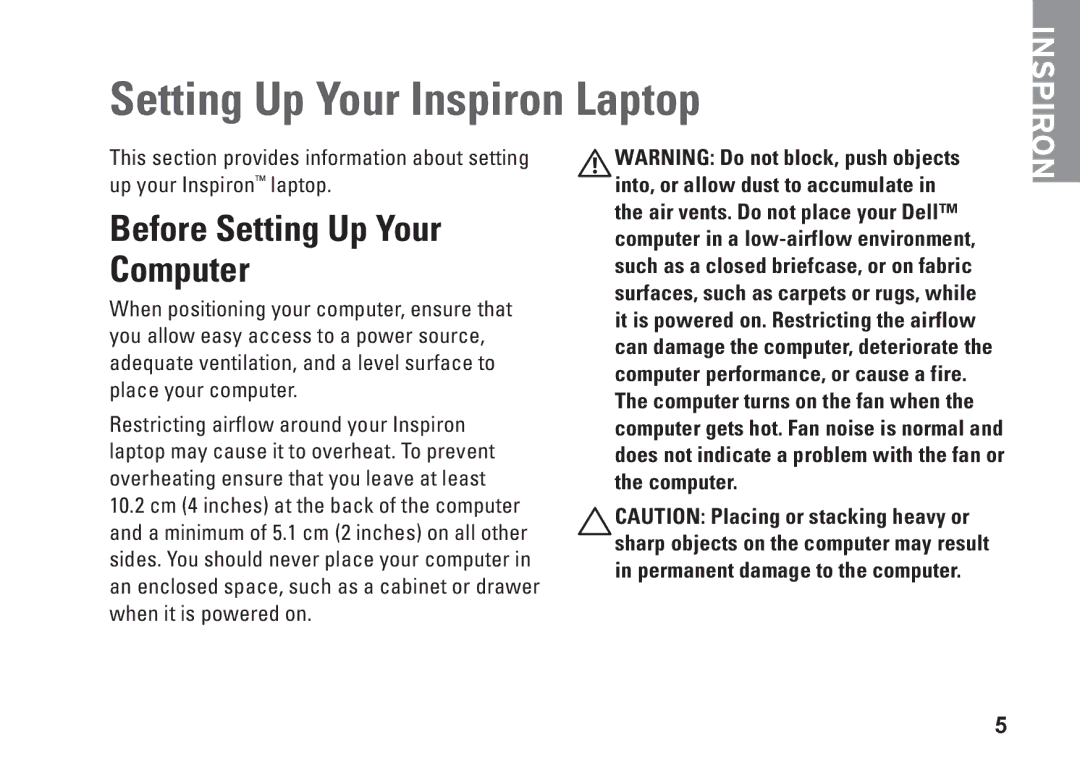 Dell P07F002, 7RR4T, P07F series, P07F003, P07F001, M5030 Setting Up Your Inspiron Laptop, Before Setting Up Your Computer 