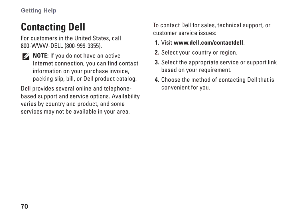 Dell 7RR4T, P07F002, P07F series, P07F003, P07F001 Contacting Dell, For customers in the United States, call 800-WWW-DELL 