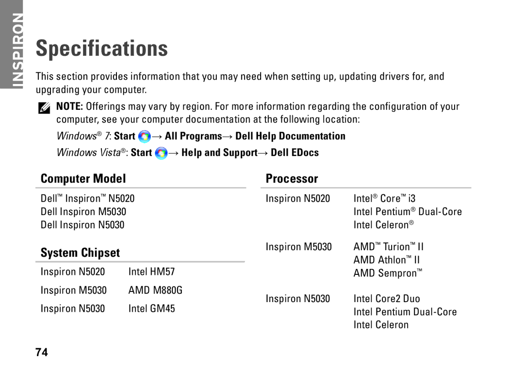 Dell P07F001, 7RR4T, P07F002, P07F series, P07F003, M5030 setup guide Specifications, Processor 