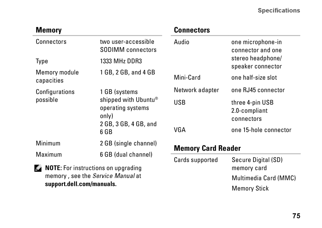 Dell M5030, 7RR4T, P07F002, P07F series, P07F003, P07F001 setup guide Connectors, Memory Card Reader 