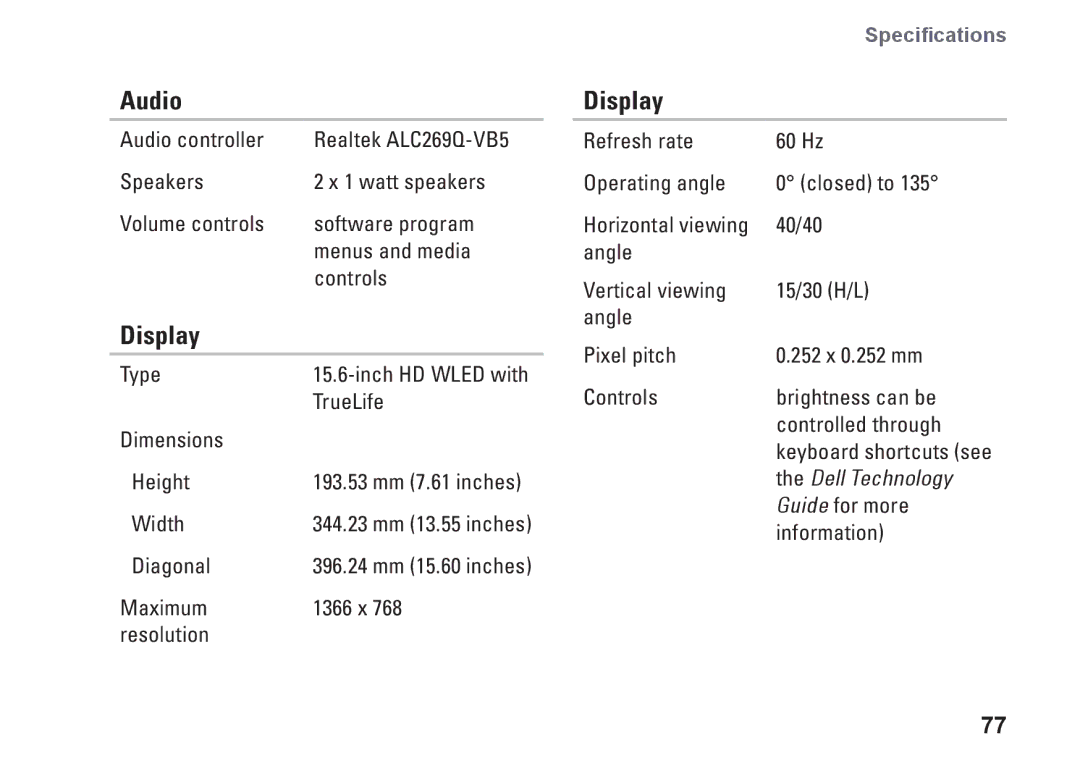 Dell P07F002, 7RR4T, P07F series, P07F003, P07F001, M5030 setup guide Audio, Display 