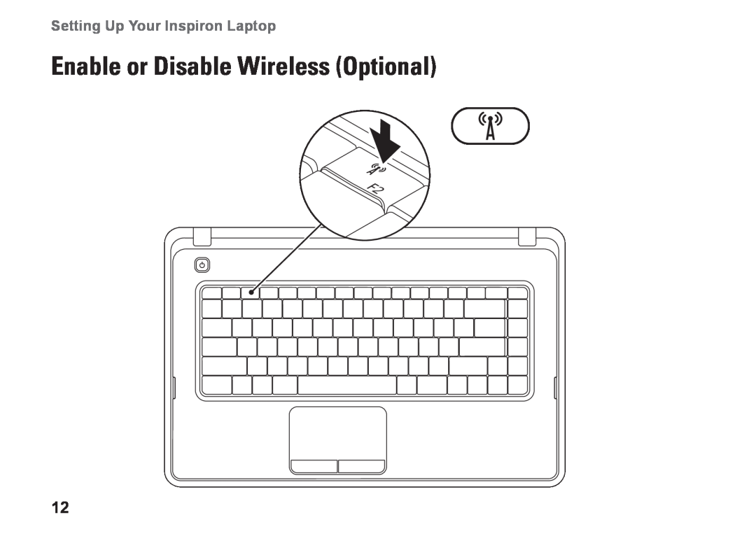 Dell P07F series, 7RR4T, P07F002, P07F003, P07F001, M5030 Enable or Disable Wireless Optional, Setting Up Your Inspiron Laptop 