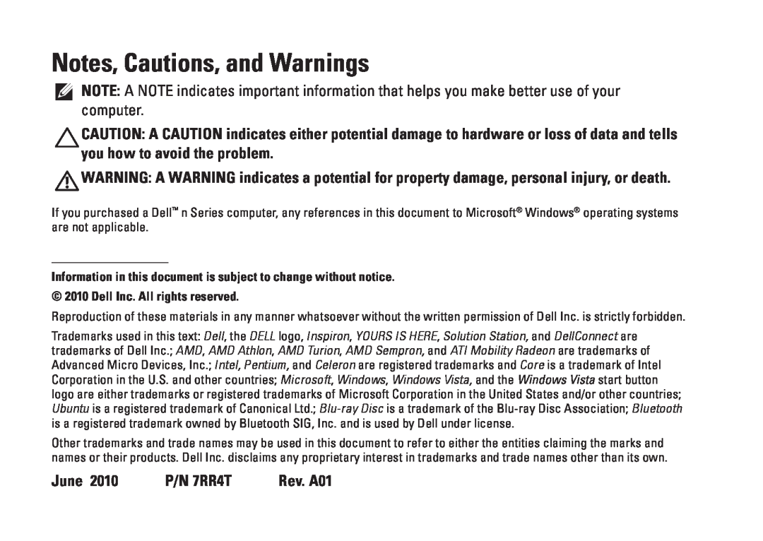 Dell P07F001, P07F002, P07F series, P07F003, M5030 setup guide Notes, Cautions, and Warnings, June 2010 P/N 7RR4T Rev. A01 