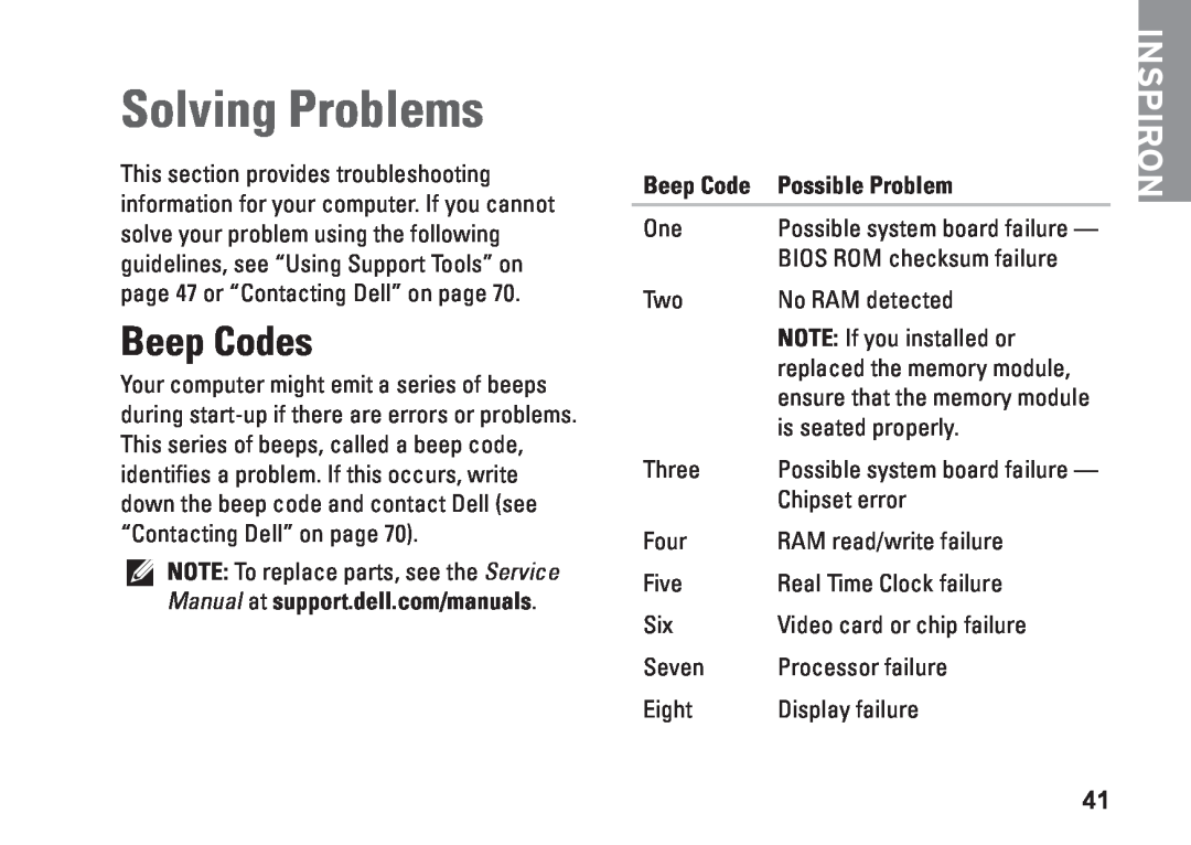 Dell P07F002, 7RR4T, P07F series, P07F003, P07F001, M5030 setup guide Solving Problems, Beep Codes, Possible Problem, Inspiron 