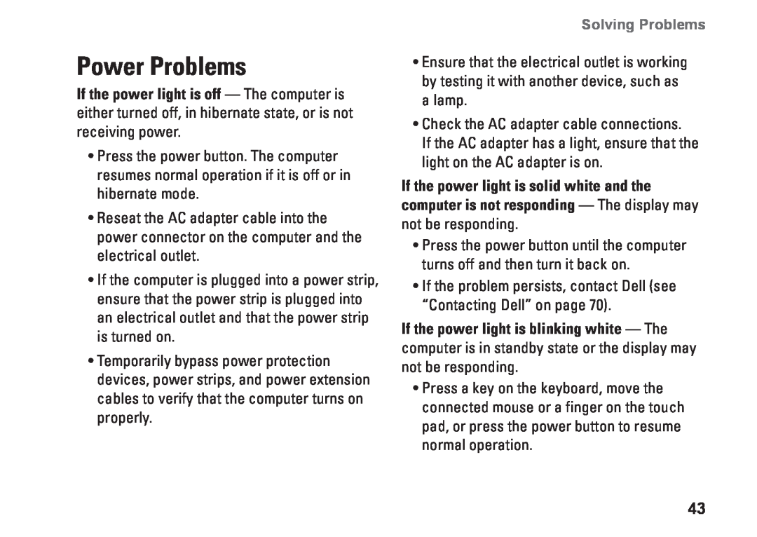 Dell P07F003, 7RR4T, P07F002, P07F series, P07F001, M5030 setup guide Power Problems, Solving Problems 