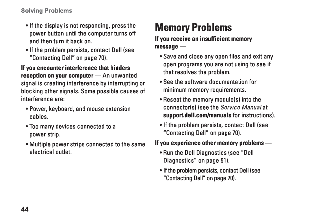 Dell P07F001 Memory Problems, If you receive an insufficient memory message, If you experience other memory problems 