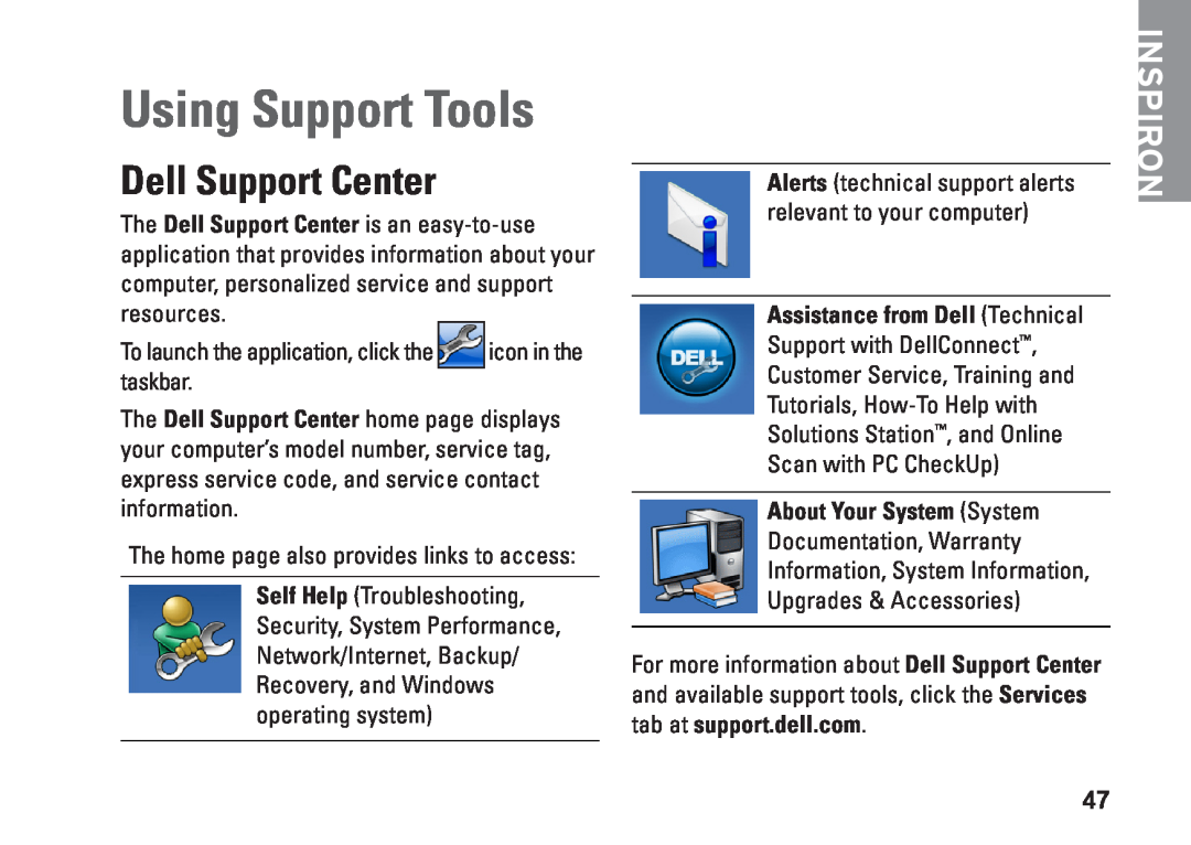 Dell P07F002 Using Support Tools, Dell Support Center, Assistance from Dell Technical, About Your System System, Inspiron 