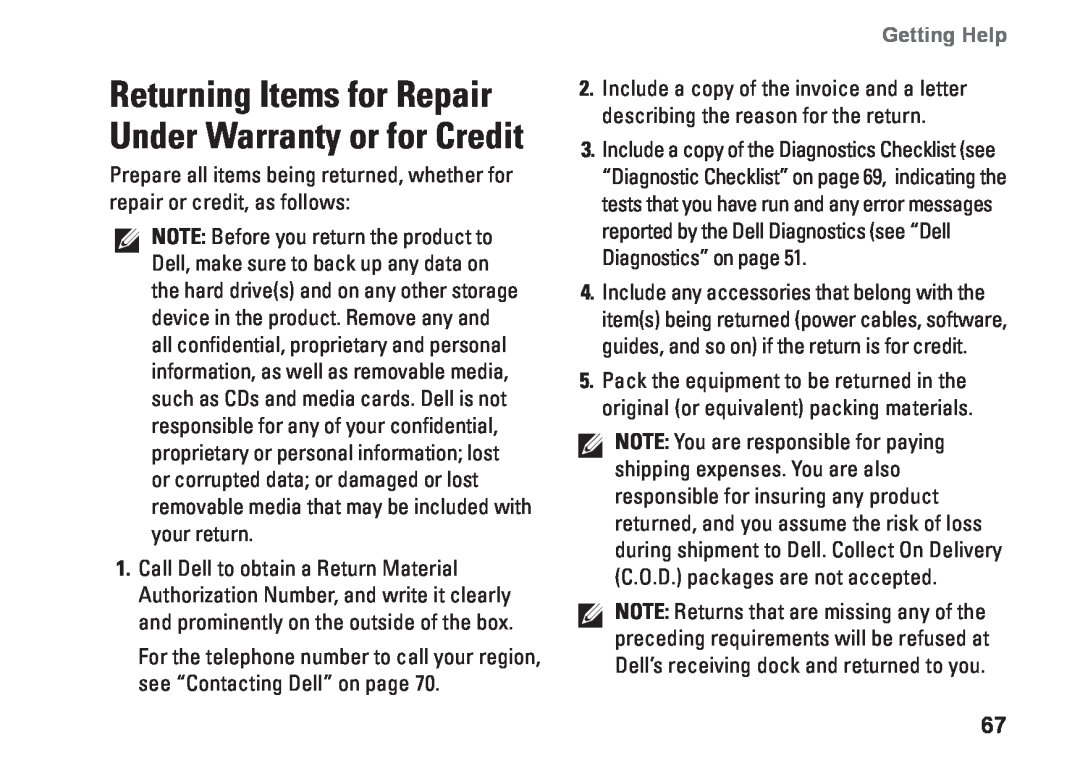 Dell P07F003, 7RR4T, P07F002, P07F series, P07F001 Returning Items for Repair Under Warranty or for Credit, Getting Help 
