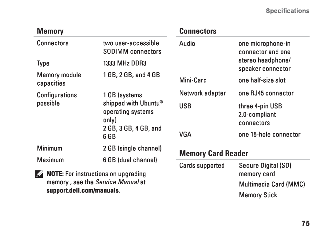 Dell M5030, 7RR4T, P07F002, P07F series, P07F003, P07F001 setup guide Connectors, Memory Card Reader 