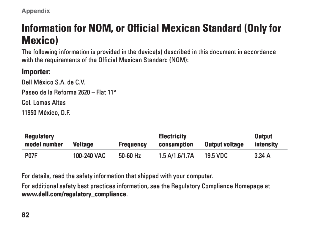 Dell 7RR4T Information for NOM, or Official Mexican Standard Only for Mexico, Importer, Appendix, Regulatory, Electricity 