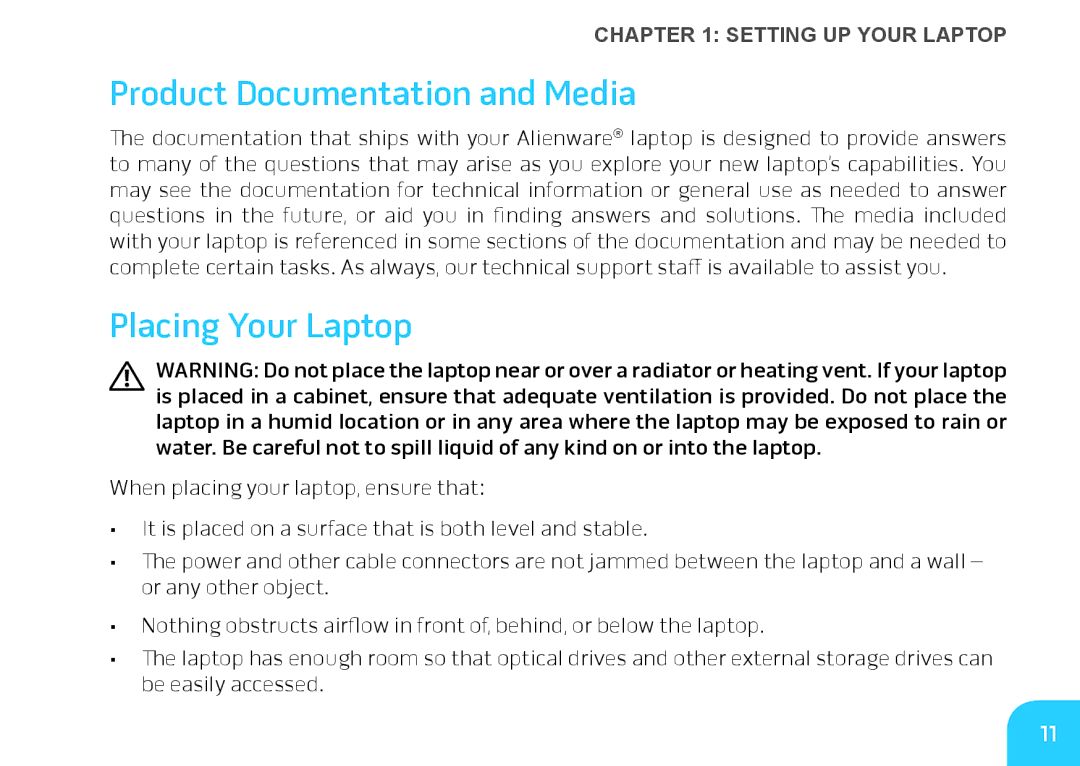 Dell P06T001, 7XM1F, P06T002, M11xR2 manual Product Documentation and Media, Placing Your Laptop 