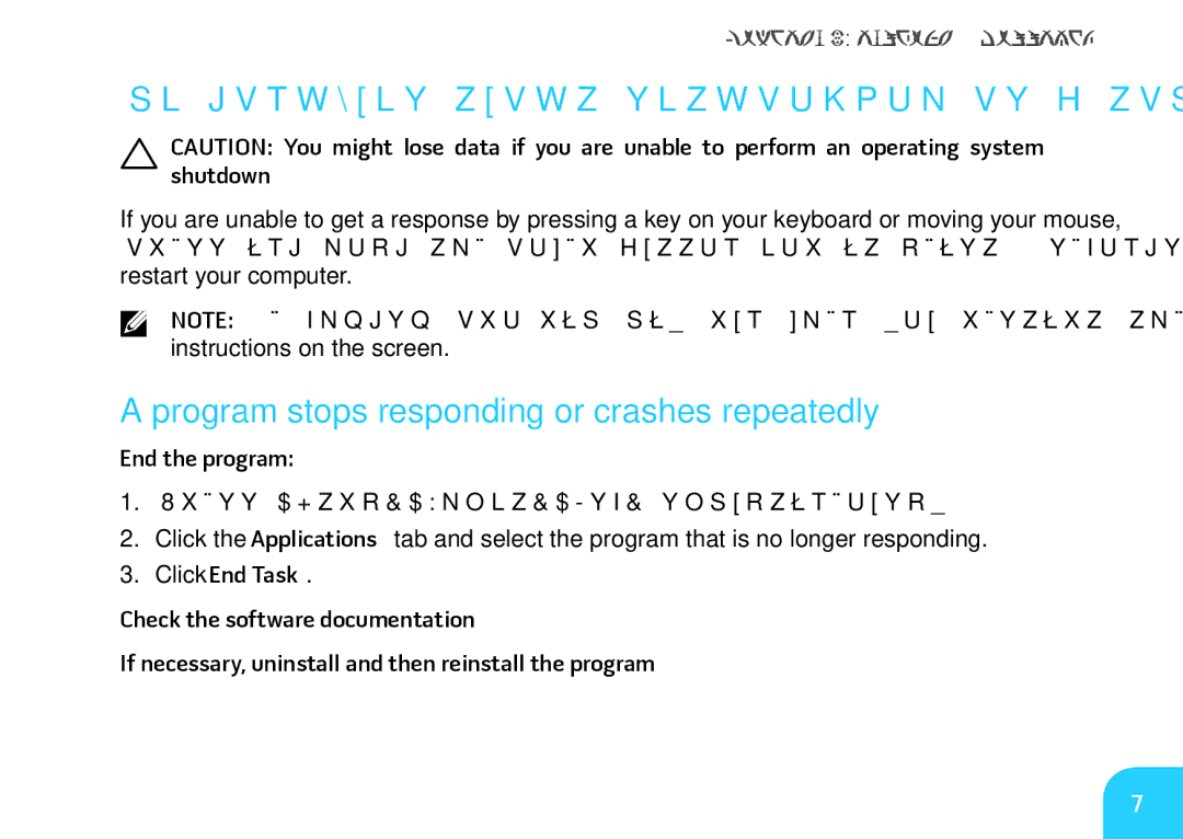 Dell M11xR2 manual Computer stops responding or a solid blue screen appears, Program stops responding or crashes repeatedly 