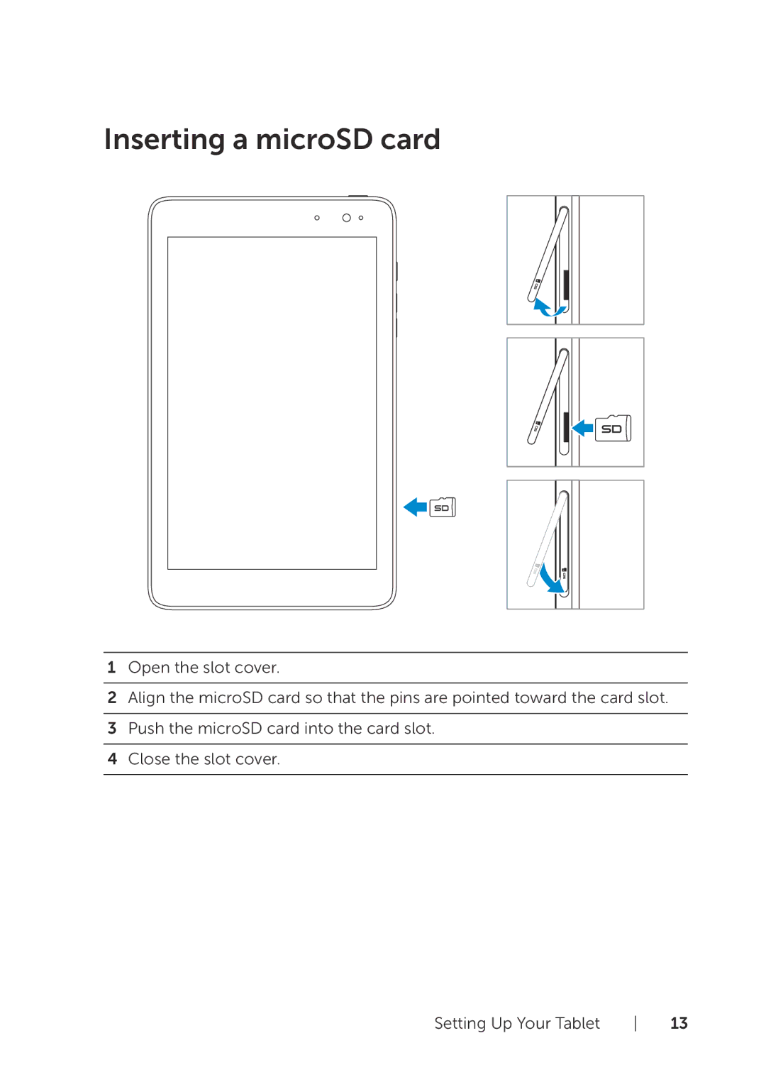 Dell BELL81818BLK, BELL8PRO81 user manual Inserting a microSD card 