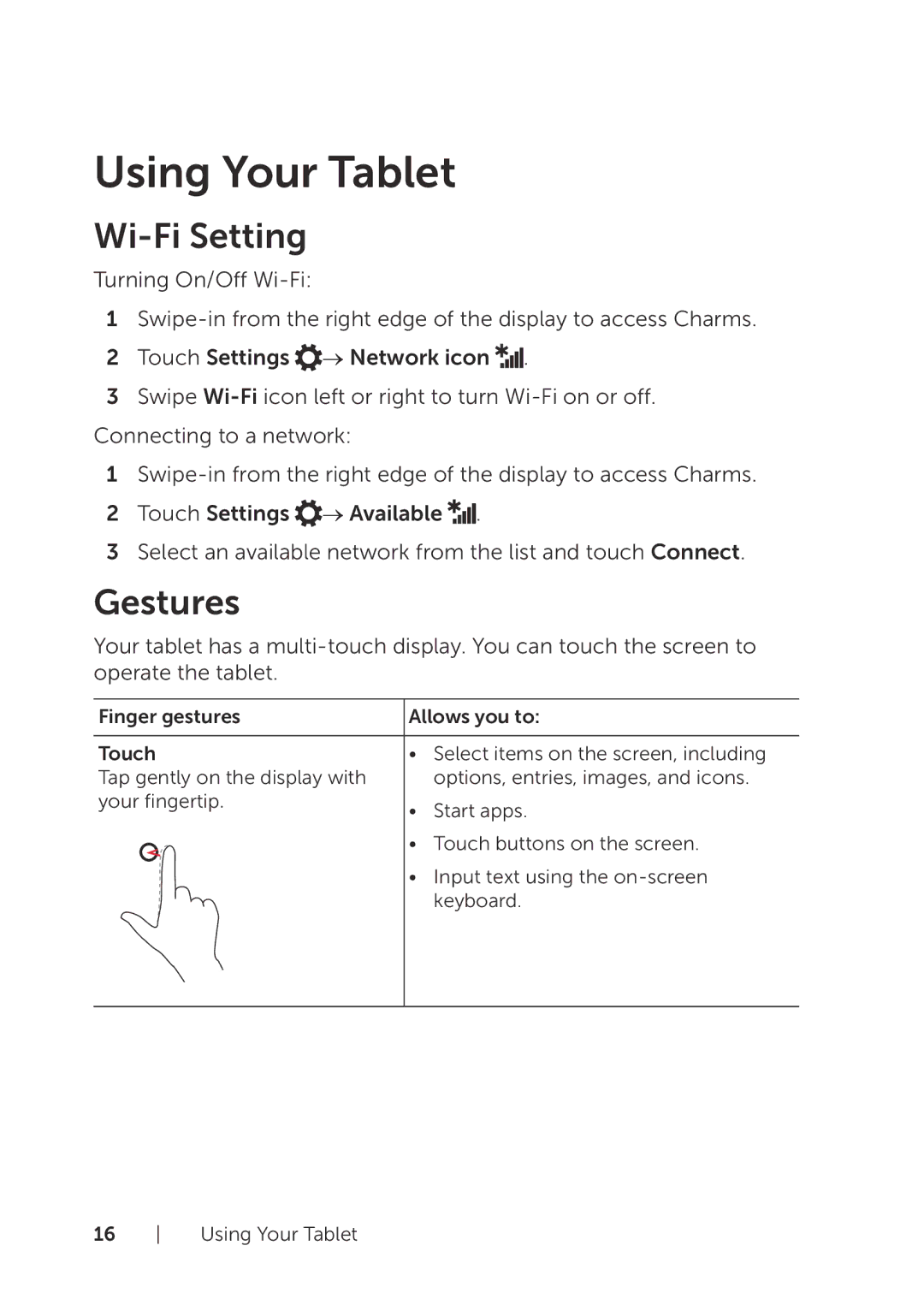 Dell BELL81818BLK, BELL8PRO81 user manual Using Your Tablet, Wi-Fi Setting, Gestures 