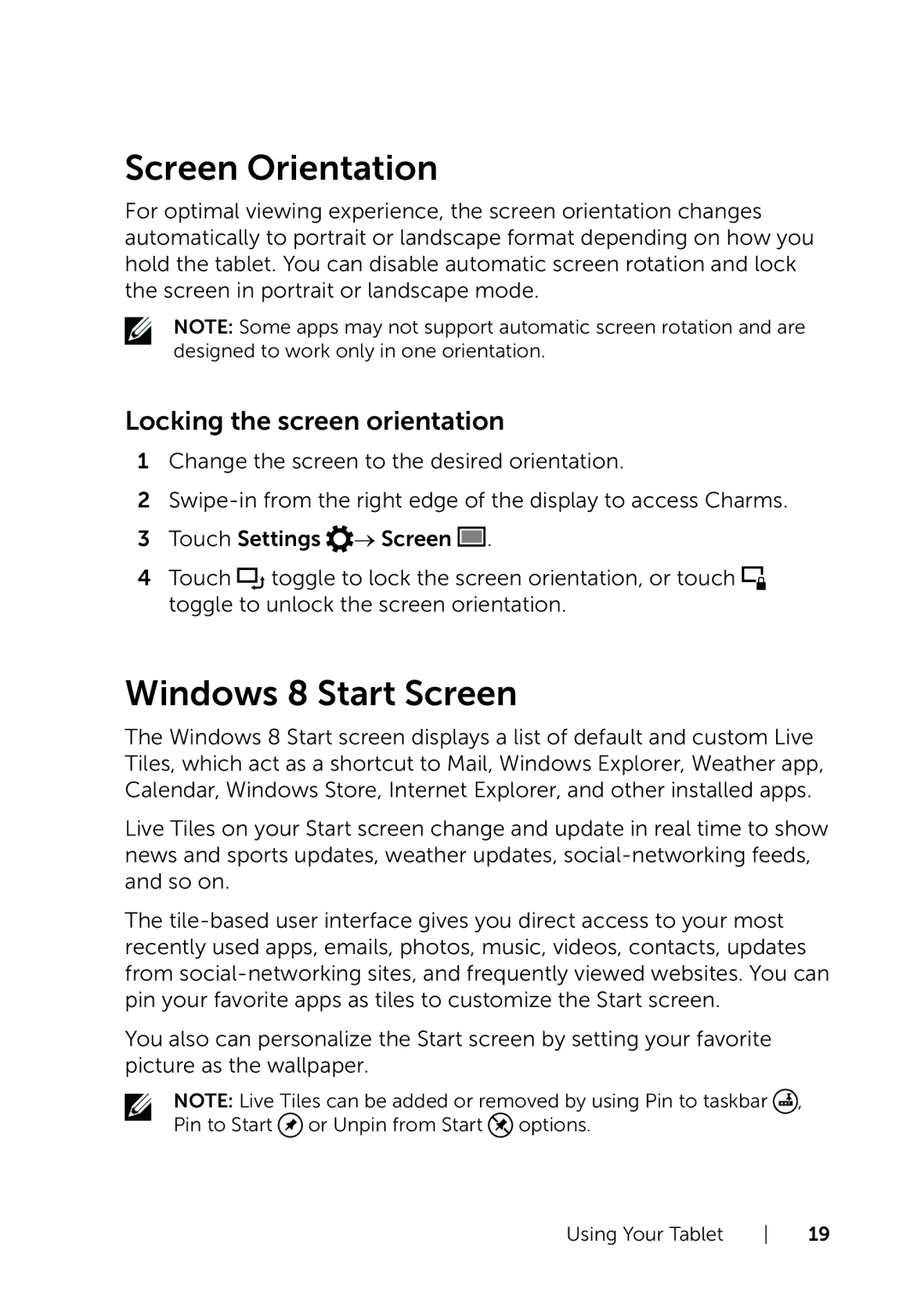 Dell BELL81818BLK, BELL8PRO81 user manual Screen Orientation, Windows 8 Start Screen, Locking the screen orientation 