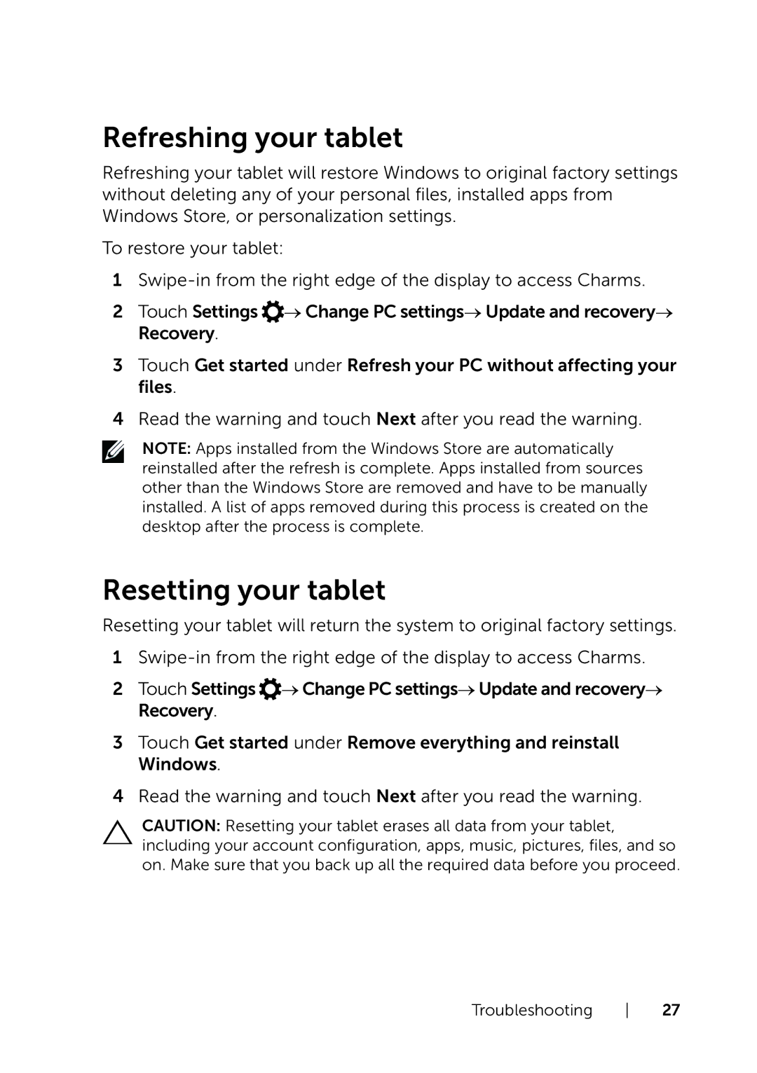 Dell BELL81818BLK, BELL8PRO81 user manual Refreshing your tablet, Resetting your tablet 